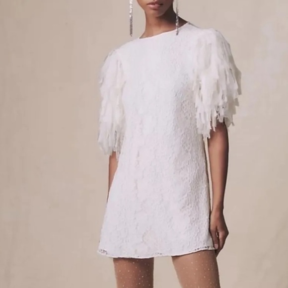 Free People sz S white lace BOHO short ribbon ruffle sleeve Songbird mini dress - Picture 1 of 16